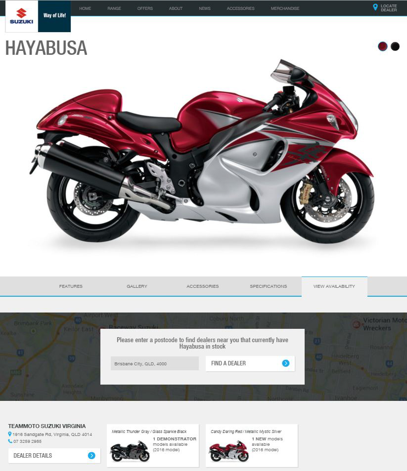 Suzuki Motorcycles is delighted to announce the launch of the "Stock Locator" feature on suzukimotorcycles.com.au