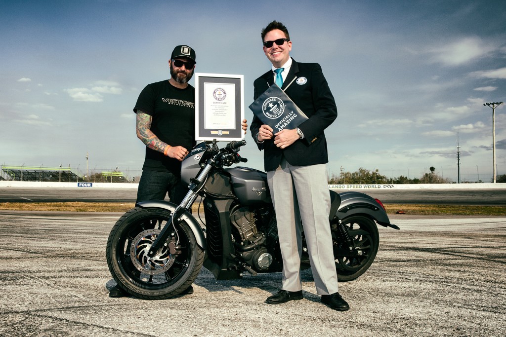 Victory Stunt Team rider Joe Dryden became a Guinness World Records title holder, by completing a burnout of 2.23 miles (3.58km) at Orlando Speed World on a Victory Octane.