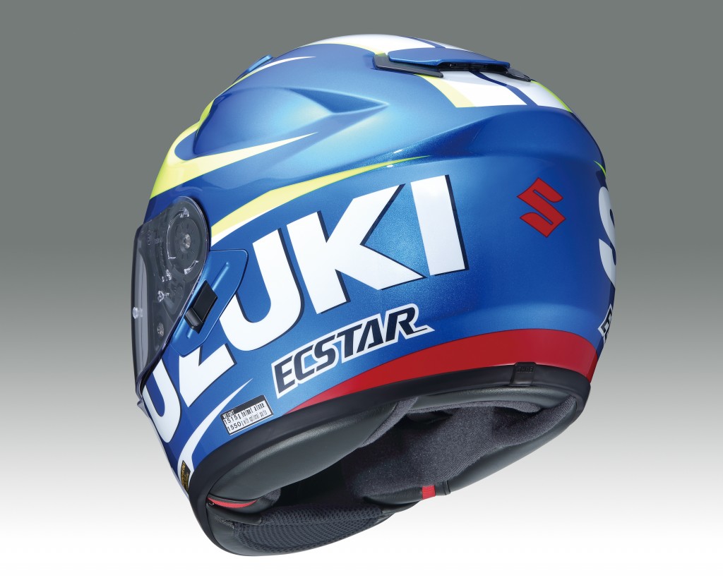 Shoei GT-Air Suzuki MotoGP Helmet features AIM+ (Advanced Integrated Matrix Plus Multi-Fibre) construction, EPS-liner system, CNS-1 anti-fog pinlock system, Emergency Quick Release System (EQRS), QSV-1 internal sun visor, removable/washable cheek pads, efficient ventilation, integrated spoiler and Team Suzuki Ecstar graphics.