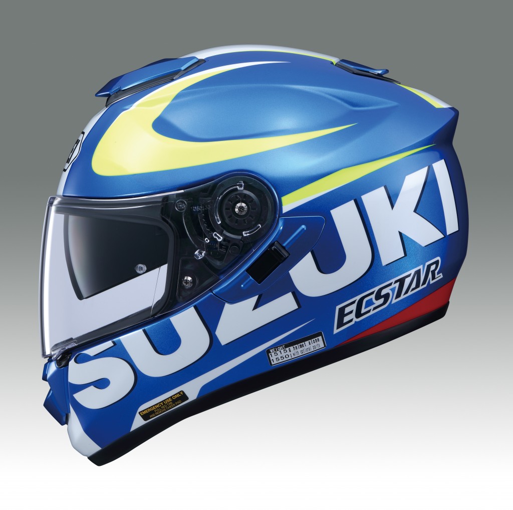 Shoei GT-Air Suzuki MotoGP Helmet features AIM+ (Advanced Integrated Matrix Plus Multi-Fibre) construction, EPS-liner system, CNS-1 anti-fog pinlock system, Emergency Quick Release System (EQRS), QSV-1 internal sun visor, removable/washable cheek pads, efficient ventilation, integrated spoiler and Team Suzuki Ecstar graphics.