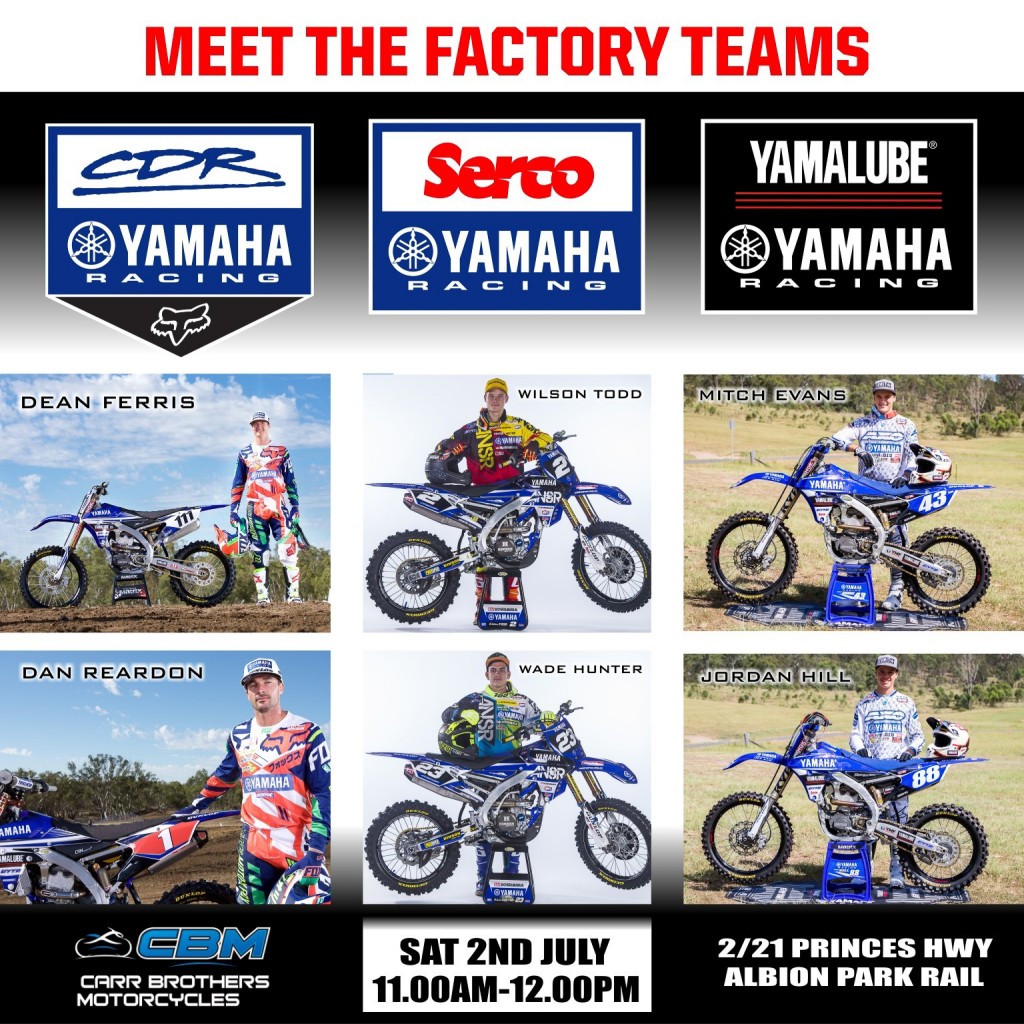 Meet the factory stars at Carr Brothers Motorcycles Saturday 2nd July 2016 between 11-12 poster
