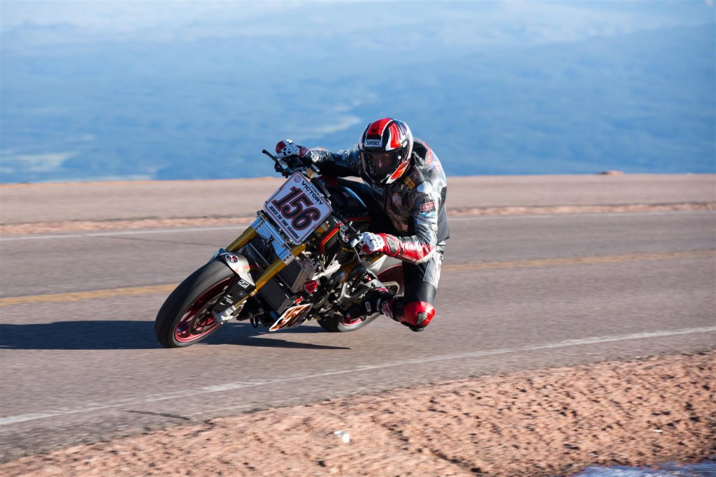 Victory Racing's® electric Empulse® RR ridden by Cycle World's Road Test Editor Don Canet and gas-powered Project 156™ piloted by Jeremy Toye accelerated away from the competition to win their respective classes at the 2016 Pikes Peak International Hill Climb (PPIHC) and take second and third overall.
