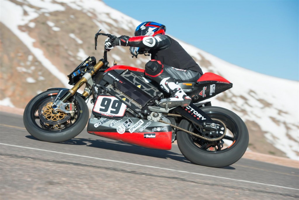Victory Racing's® electric Empulse® RR ridden by Cycle World's Road Test Editor Don Canet and gas-powered Project 156™ piloted by Jeremy Toye accelerated away from the competition to win their respective classes at the 2016 Pikes Peak International Hill Climb (PPIHC) and take second and third overall.