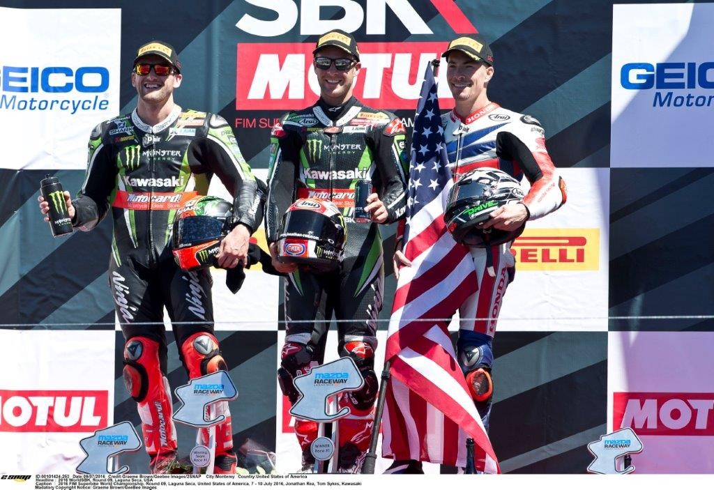 WorldSBK Rd 9 Laguna Seca Race one podium...Sykes (2) Rea (1) Hayden (3)