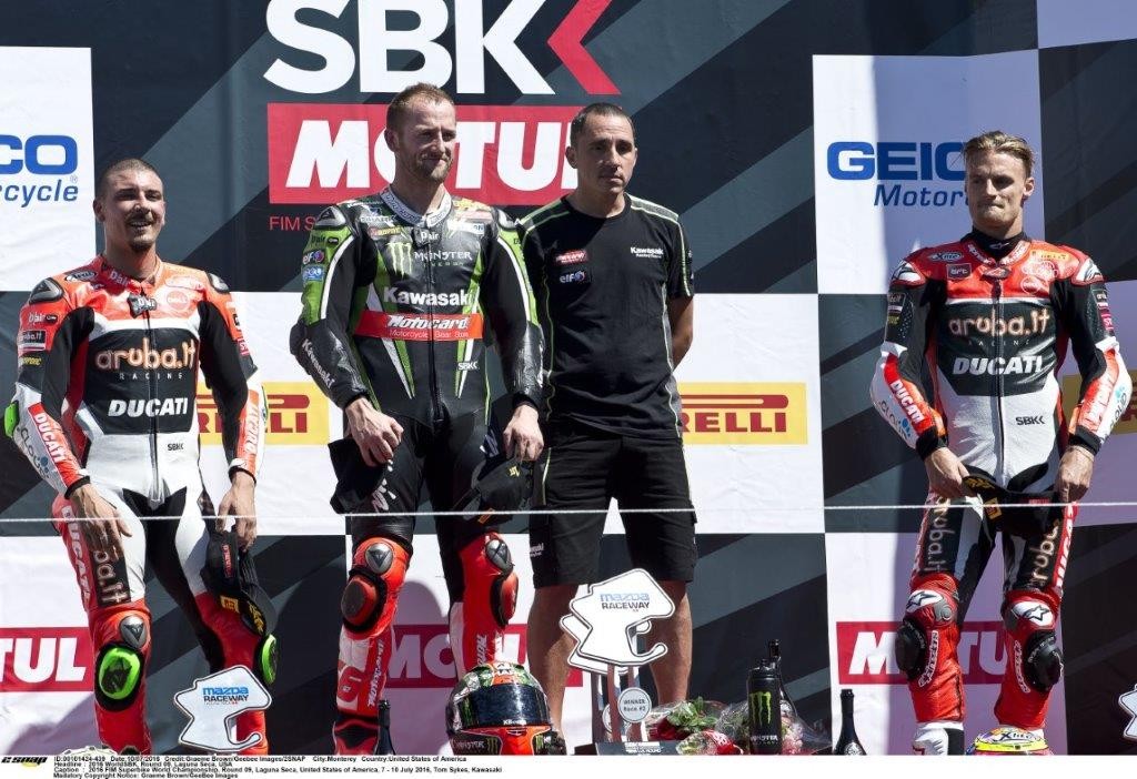 WorldSBK Rd 9 Laguna Seca Race two podium..SYkes winner, Ducati 2nd and 3rd with Guigliano and Davies
