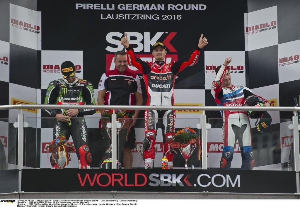 Race one podium..Tom Sykes 2, Chaz Davies 1, Nicky Hayden 3