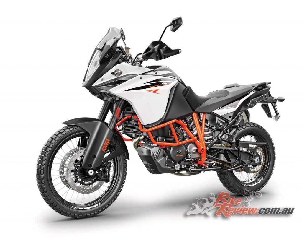 2017 KTM 1090 Adventure R, with 18 and 21 inche knobbly tires and extra suspension travel.