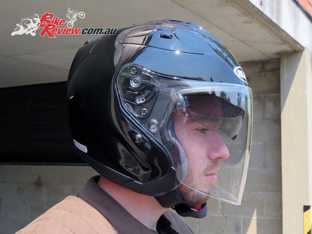 The FG-Jet's sunshield in the middle position. It's not a super dark sunshield so sunlight directly in your eyes is still uncomfortable with the clear visor fitted.