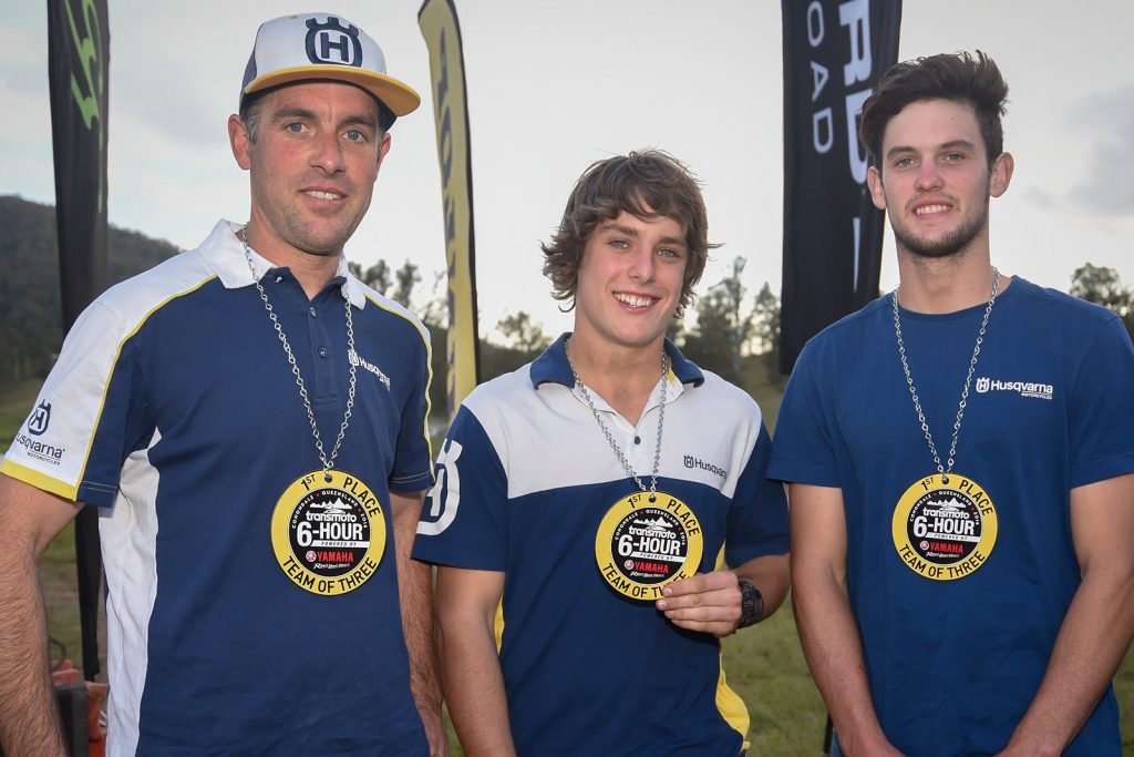 Husqvarna team (left to right) Christian Horwood, Fraser Higlett and Zak Small win the Transmoto six-hour at Conondale