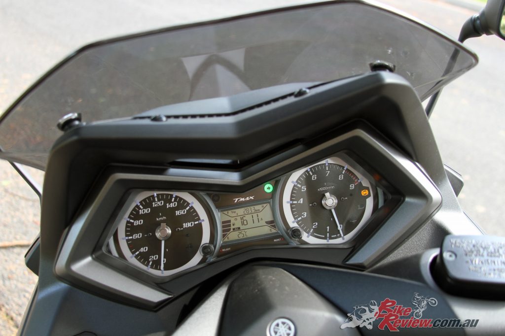2016 Yamaha TMax 530, instrumentation, including analogue speedo and tacho, plus multifunction digital display