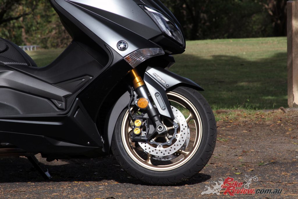 2016 Yamaha TMax 530, dual four-piston front calipers with 267mm rotors and ABS as standard