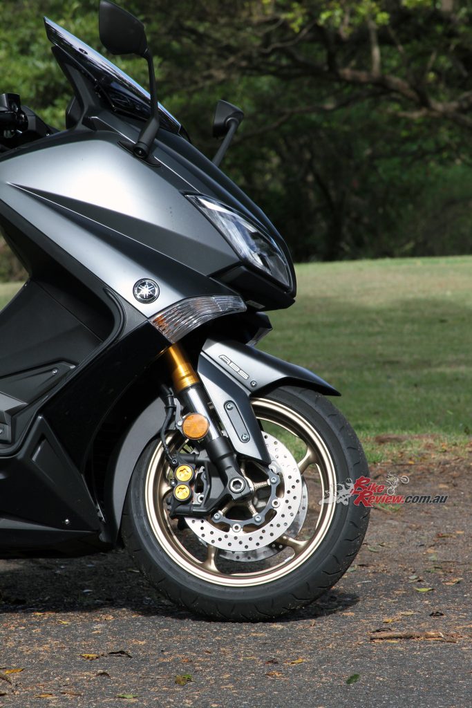 2016 Yamaha TMax 530, with 41mm gold forks and dual four-piston calipers