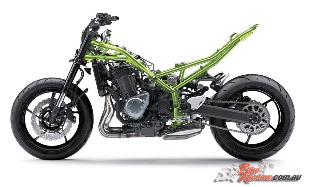 The high tensile steel frame only weighs 13.5kg and the extruded alloy swingarm only 3.9kg.