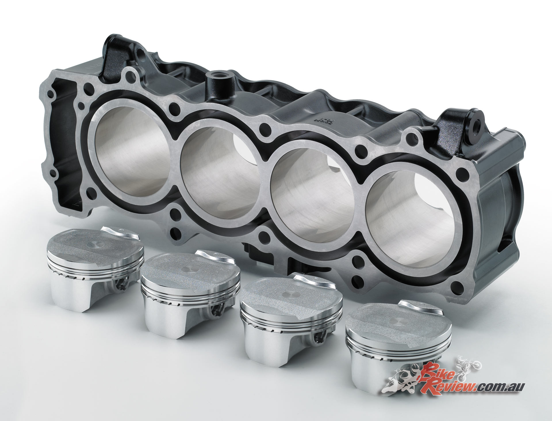 Bore x stroke is 73.4 x 56mm. The pistons are formed using the same cast method that the H2 pistons are made using, enabling similar weight to forged pistons. 
