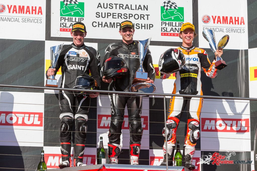 2017 ASBK Round 1 Supersport Podium - First: Coote, Second: Collins, Third: Chiodo - Image: TGB Photography