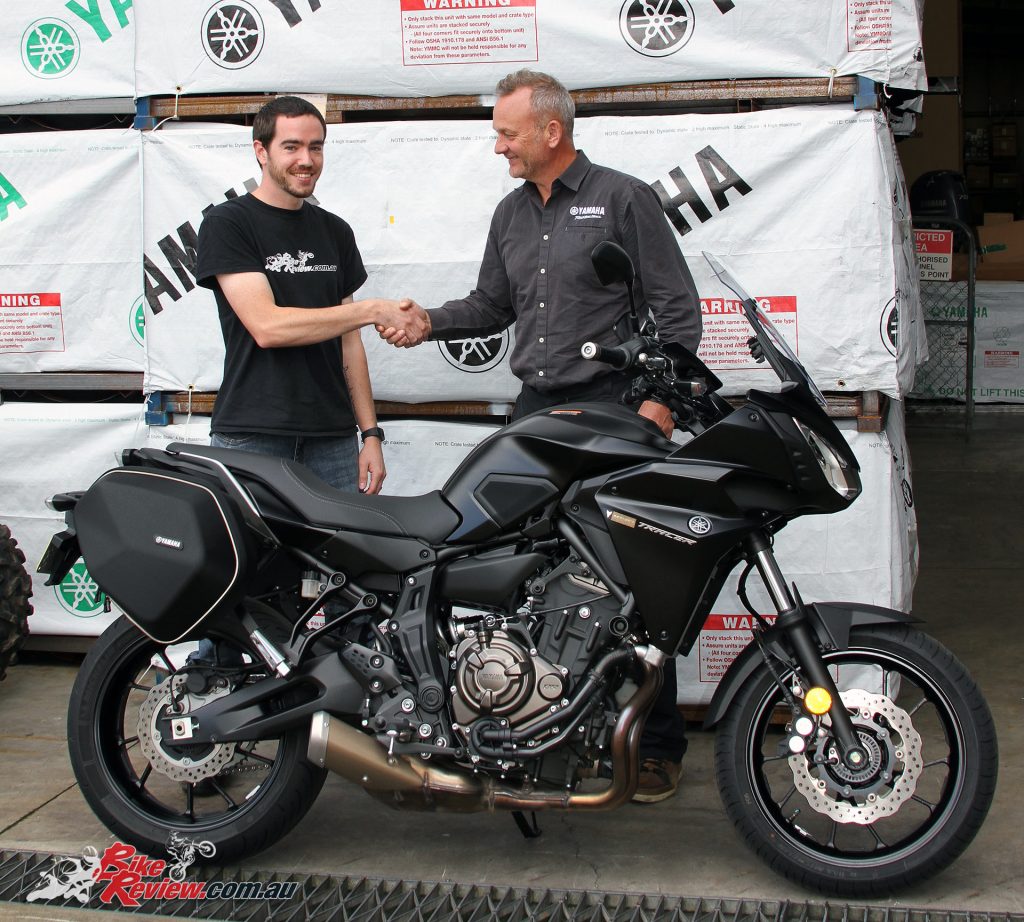 Kris picks up BikeReview.com.au's 2017 Yamaha MT-07 Tracer Long Termer from Sean Goldhawk of Yamaha Motor Australia.