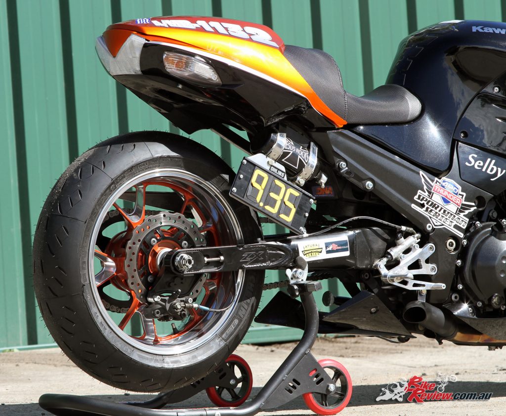 Custom Pro-Tune nine-second Kawasaki ZX-14 - The standard shock is retained, with a compressed air canister for the Air Shifter