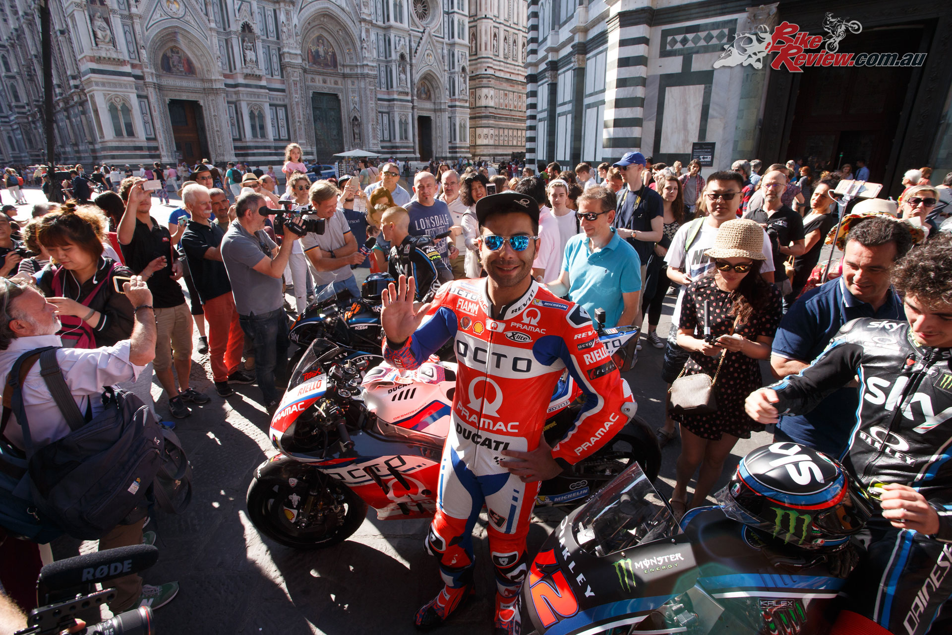 Local hero Danilo Petrucci surrounded by tourists and fans right by the iconic Firenze Duomo