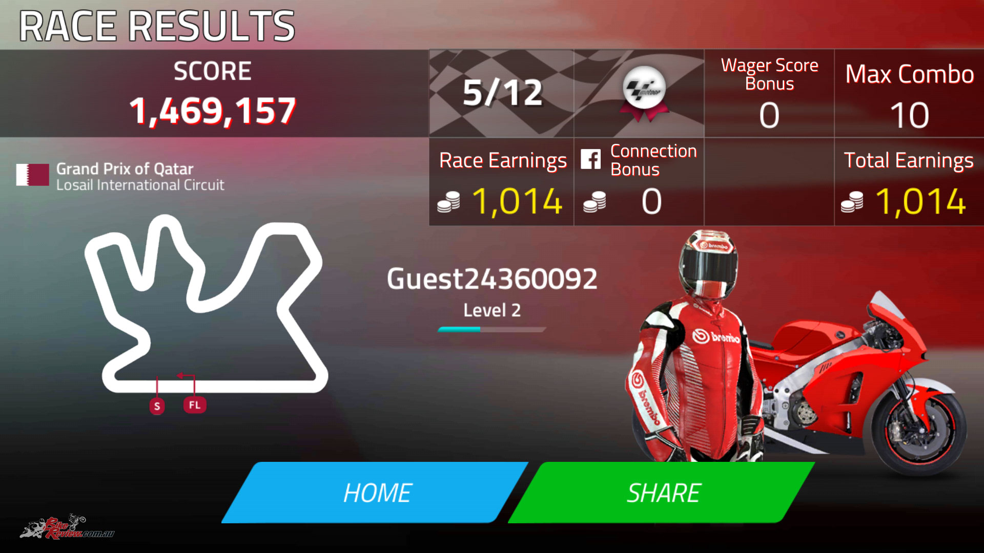 There's a number of different scores calculated for each race, from your place, here a rather pathetic 5th, to your Max Combo (how many great or perfect points you hit), your race earnings, any bonuses and wager score bonus, where you can put down coins on a race to get you'll do better than a specific place