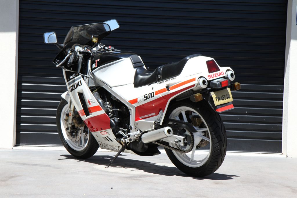 The RG500 is narrow and light at only 153kg dry. It makes 95hp at the crank and was very trick in 1985. Production stopped in 1986, making the RG500 hard to find and expensive these days. 