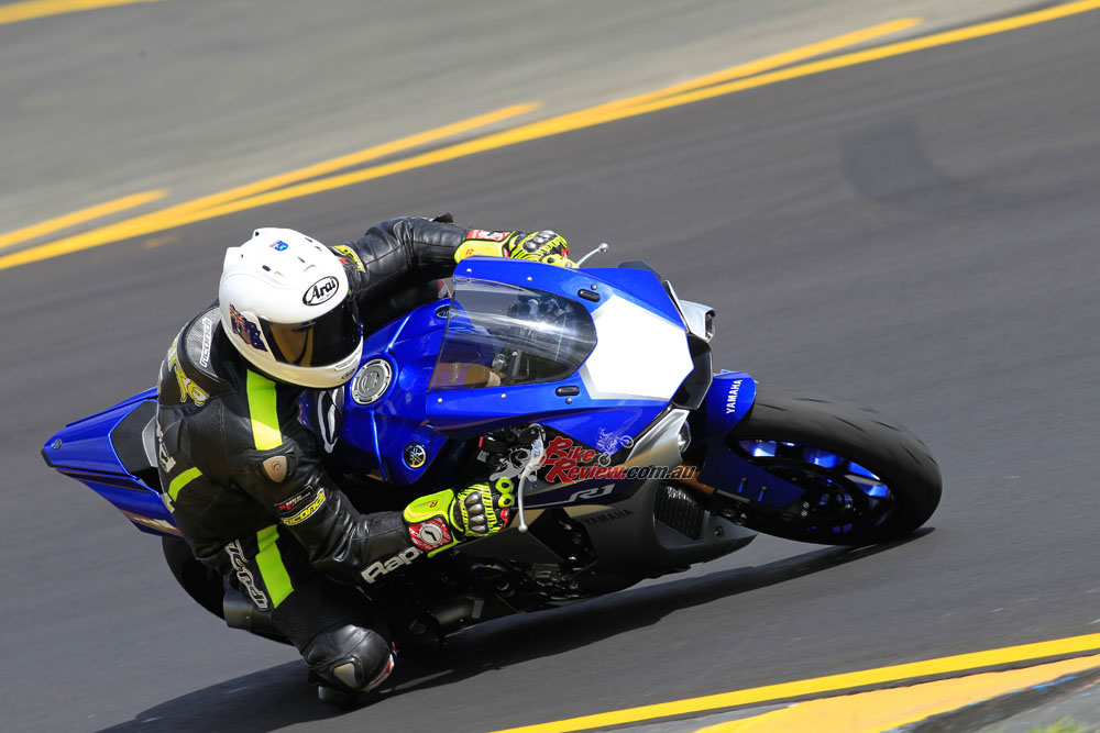 Testing the 2015 YZF-R1 at the launch in 2015. I found it hard to fit on the bike properly.