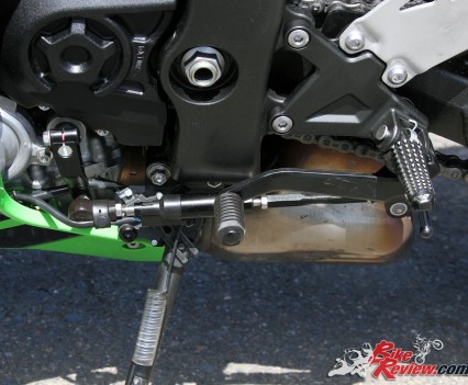 The Kawasaki Quick Shifter as standard does a great job. With the race ECU it can also be used for downshifting, while footpegs could be moved down for more road orientated riding for better comfort