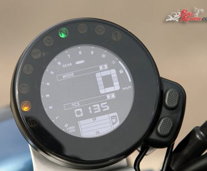 2016 Yamaha XSR900, digital dash, including tachometer (around top edge), gear indicator, idiot lights, speedo, mode and traction control readouts.