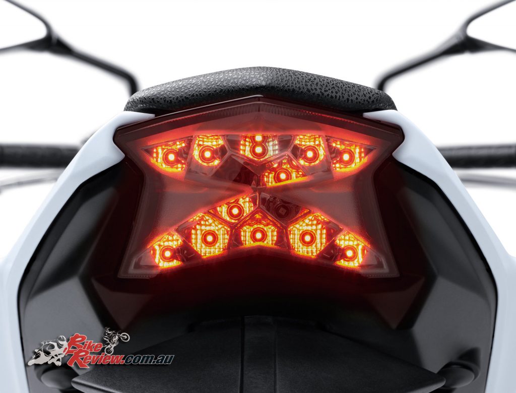 The taillight of the 2020 Kawazaki Z650L lights up to show the letter 'Z'.