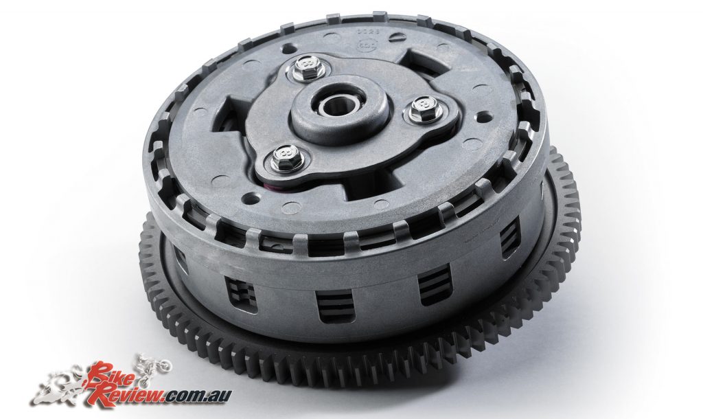 An assist and slipper clutch has also been added and uses two types of cams (an assist cam and a slipper cam).