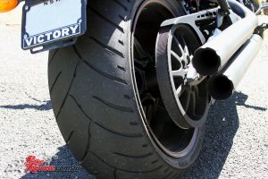 Victory Hammer S, massive 250mm (8.50in) rear tyre, belt final drive