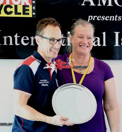 2017 Island Classic Award Ceremony - Karen Wootton presents Jeremy McWilliams with the Ken Wootton Perpetual trophy