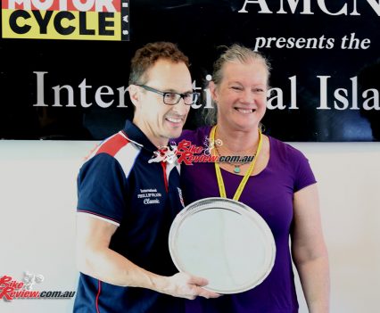 2017 Island Classic Award Ceremony - Karen Wootton presents Jeremy McWilliams with the Ken Wootton Perpetual trophy