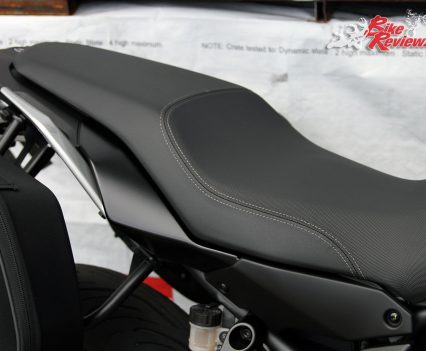 A large comfortable seat gives the rider room to move around and an ideal perch for a pillion, with grab rails and rubber clad pillion 'pegs.