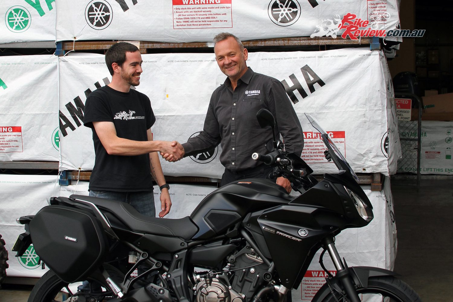 Kris from BikeReview.com.au gets the keys to the 2017 Yamaha MT-07 Tracer Long Termer from Yamaha's Sean Goldhawk