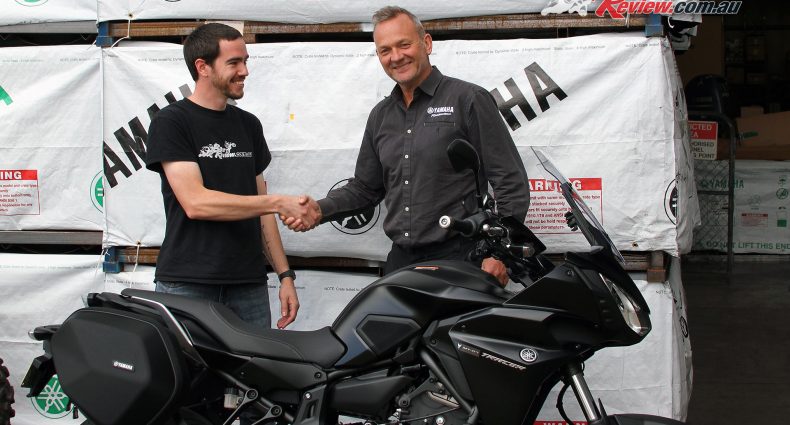 Kris from BikeReview.com.au gets the keys to the 2017 Yamaha MT-07 Tracer Long Termer from Yamaha's Sean Goldhawk