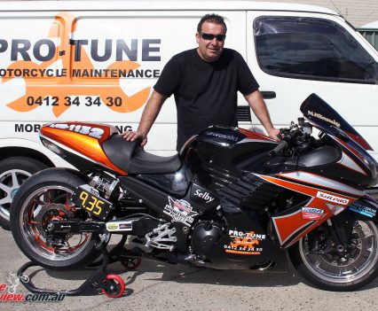 Custom Pro-Tune nine-second Kawasaki ZX-14 - Manuel with his ZX-14 and the Pro-Tune mobile servicing van.