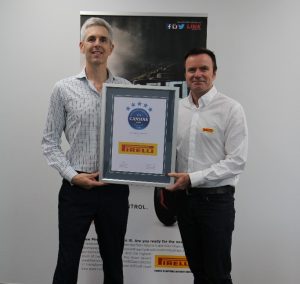 Don Nicholas - Pirelli Product Manager Moto Division (Right) accepting the Canstar Blue Award from Richard McClelland - Canstar Blue Commercial Director (Left)