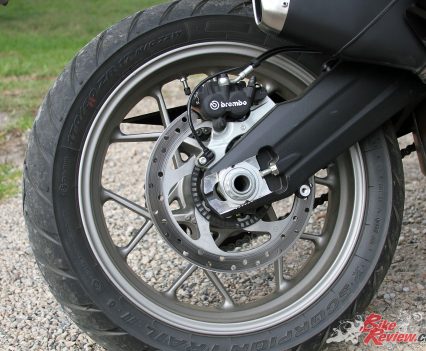 Wheels are complex cross-spoked cast alloy items on the Multistrada 950, the swingarm is a dual sided item