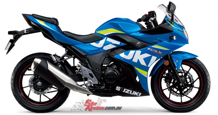 The Suzuki GSX250R is available in Black or the colour scheme shown here, inspired by the race machines