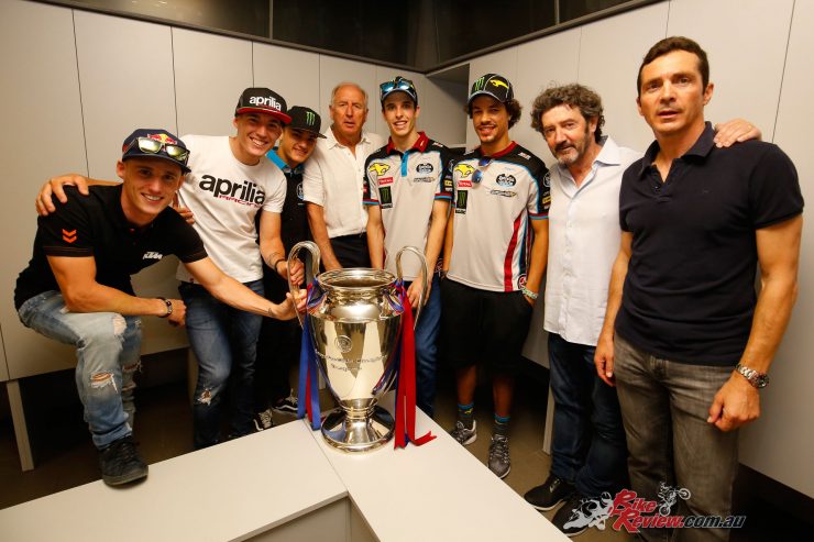 Former FCB players Carles Rexach, Jose Mari Bakero and Guillermo Amor with the MotoGP riders