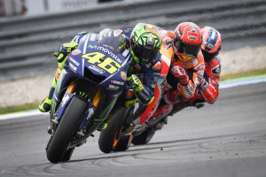 Valentino Rossi leading Marquez and Petrucci
