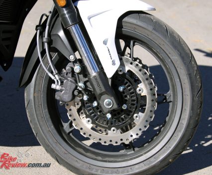 2017 CFMoto 650MT 300mm front rotors with dual-piston calipers