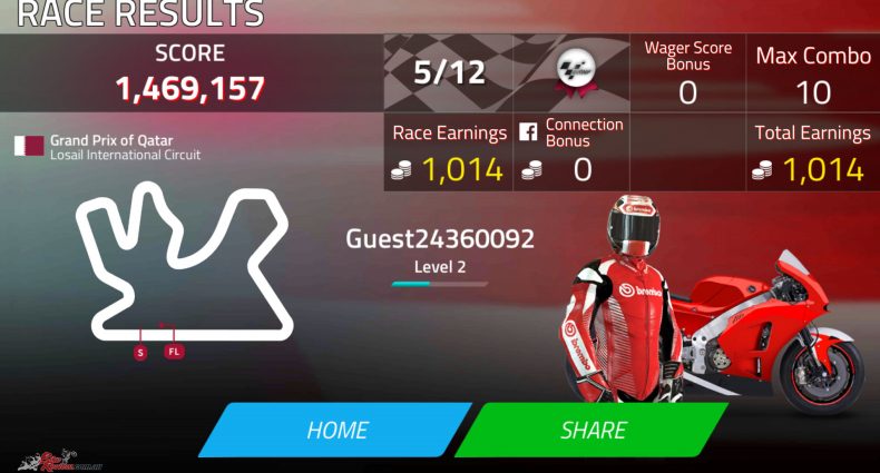 There's a number of different scores calculated for each race, from your place, here a rather pathetic 5th, to your Max Combo (how many great or perfect points you hit), your race earnings, any bonuses and wager score bonus, where you can put down coins on a race to get you'll do better than a specific place