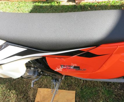 The 350 EXC-F's seat is more slippery than what Mark is used to but he runs a Selle Dalla Valle seat cover from KTM