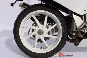 A lightweight single-sided swingarm was particularly exotic