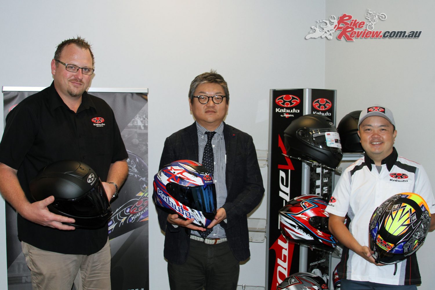 Left to Right: Moto National's Chris Lynis, Kabuto Executive Director Hiroki Kimura and Overseas Operations Manager Ryohei Wada with the new Aeroblade-5