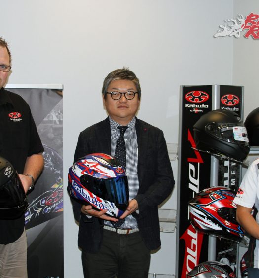 Left to Right: Moto National's Chris Lynis, Kabuto Executive Director Hiroki Kimura and Overseas Operations Manager Ryohei Wada with the new Aeroblade-5