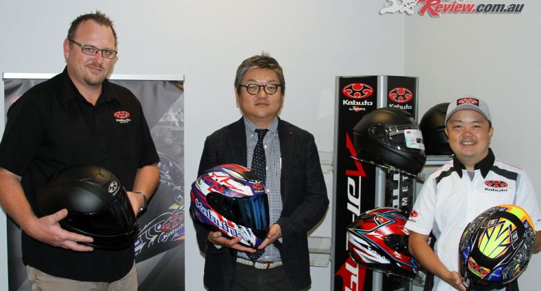 Left to Right: Moto National's Chris Lynis, Kabuto Executive Director Hiroki Kimura and Overseas Operations Manager Ryohei Wada with the new Aeroblade-5