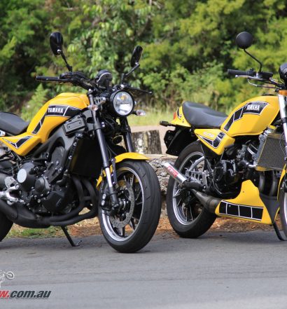The 2018 Yamaha XSR900 'Kenny Roberts RD900LC' alongside Pommie's restored 1981 RD350LC
