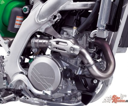 The 2019 Kawasaki KX450's liquid-cooled, four-stroke single-cylinder, 449cc, DOHC, four-valve